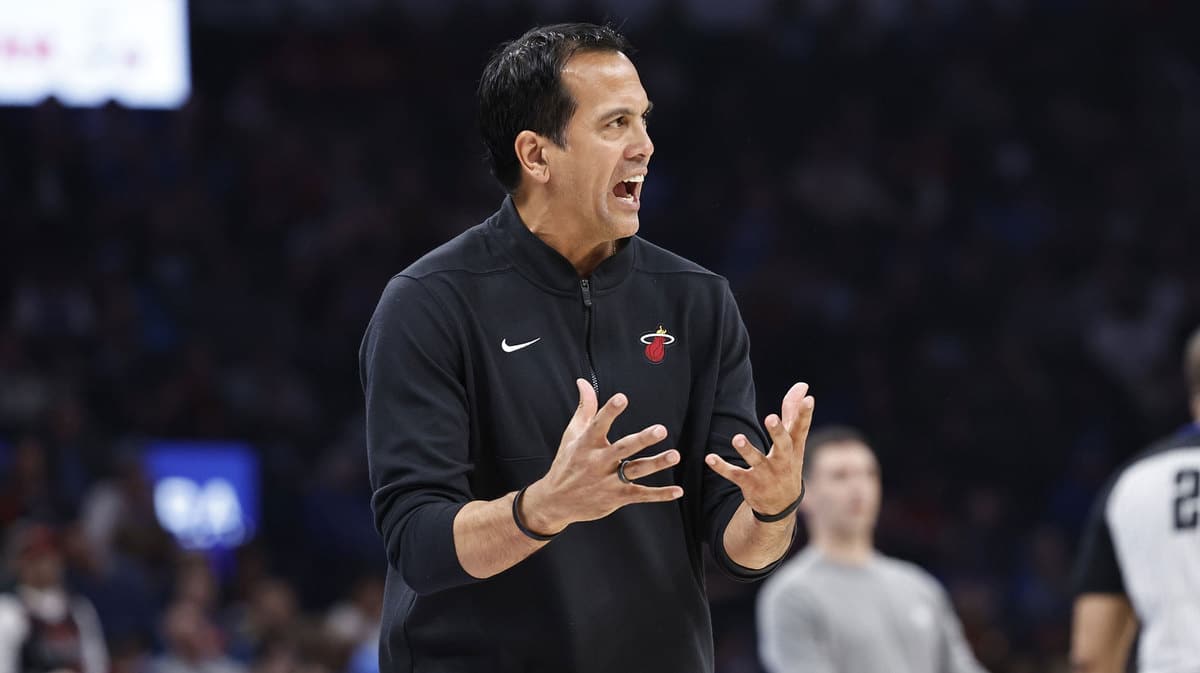 Miami Heat head coach Erik Spoelstra reacts to an officials call during a second quarter play against the Oklahoma City Thunder at Paycom Center.