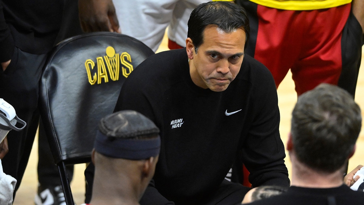 Miami Heat head coach Erik Spoelstra reacts during a timeout in the third quarter against the Cleveland Cavaliers at Rocket Mortgage FieldHouse.