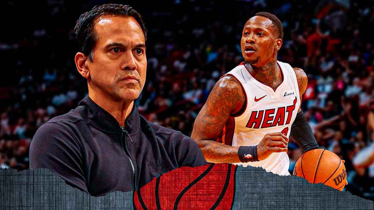 Miami Heat head coach Erik Spoelstra and star Terry Rozier in front of the Kaseya Center.