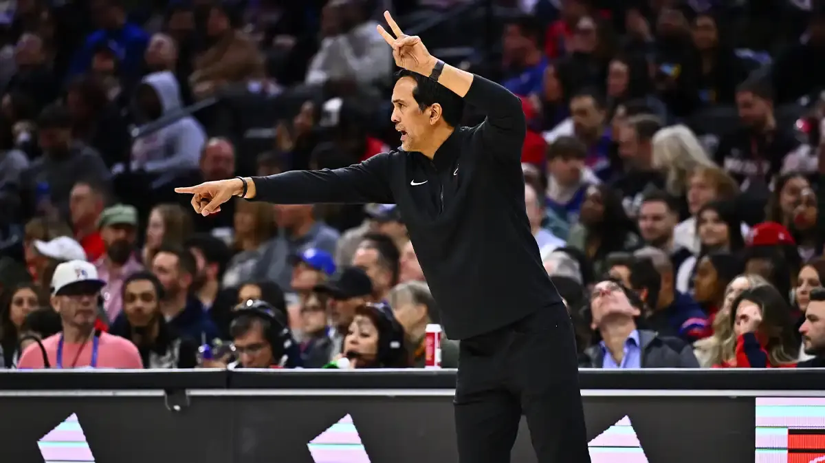 Miami Heat head coach Erik Spoelstra reacts against the Philadelphia 76ers in the fourth quarter at Wells Fargo Center.