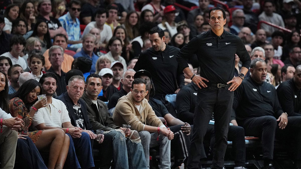 Miami Heat head coach Erik Spoelstra looks on during the second half against the Denver Nuggets at Kaseya Center.