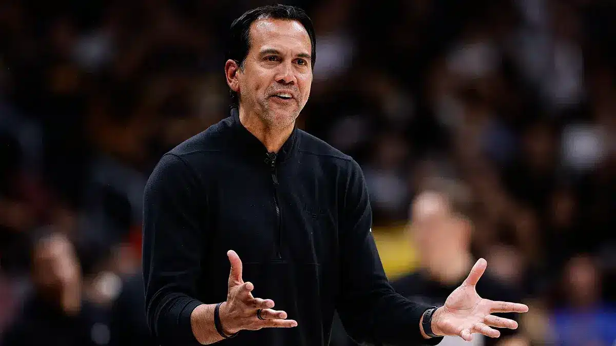 Miami Heat head coach Erik Spoelstra reacts in the second quarter against the Denver Nuggets at Ball Arena.