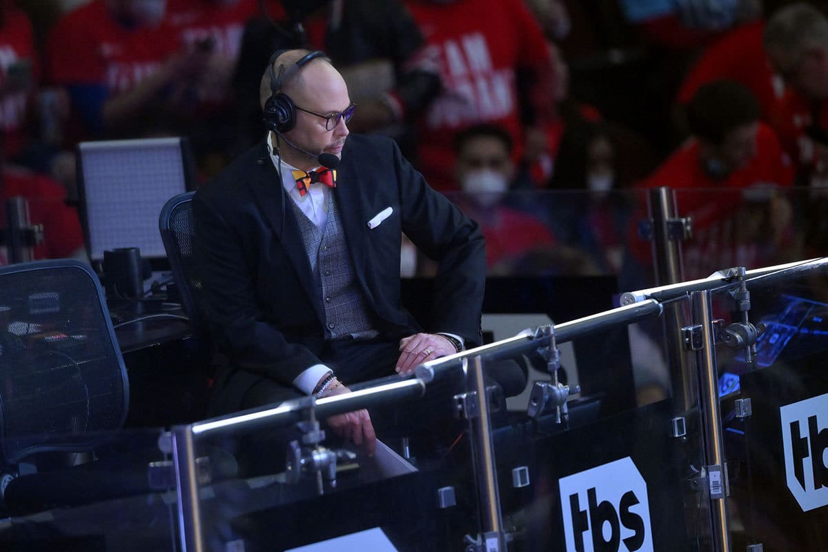 TBS announcer Ernie Johnson before the game between Team LeBron and Team Durant during the 2022 NBA All-Star Game at Rocket Mortgage FieldHouse. 