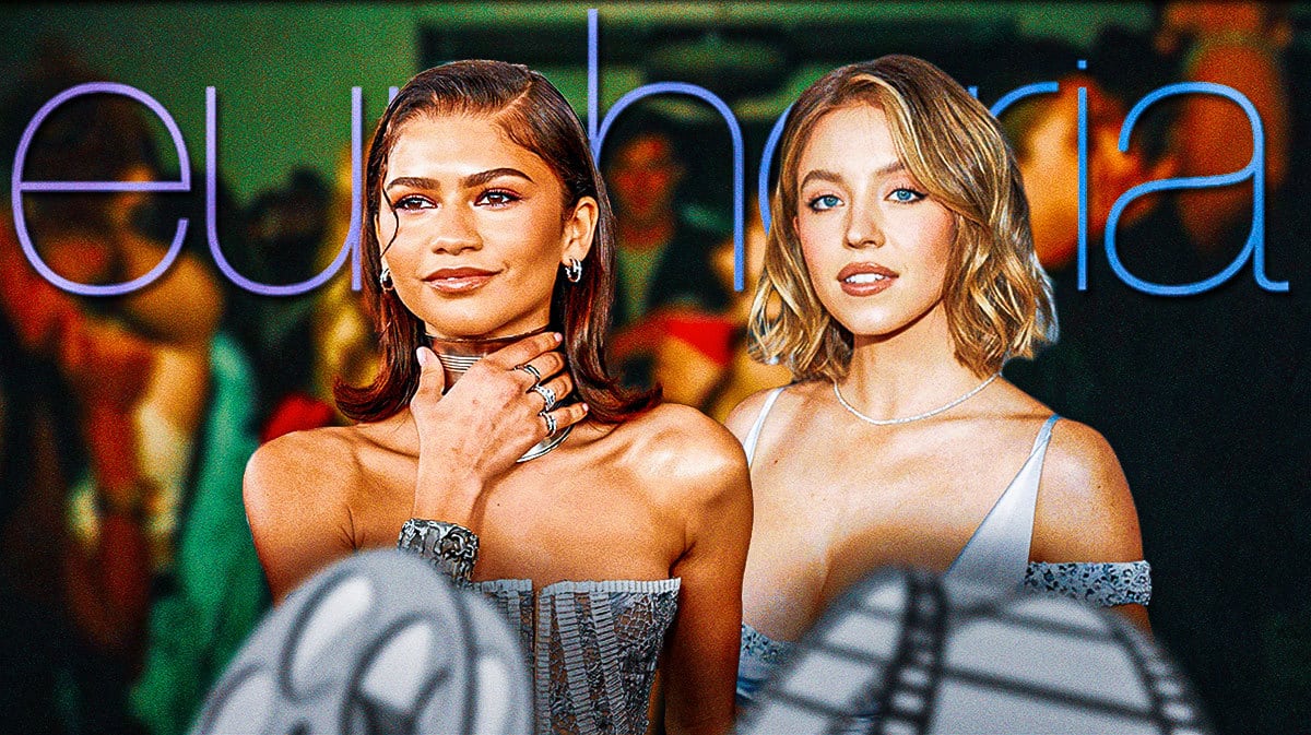 Zendaya and Sydney Sweeney in front of Euphoria logo.