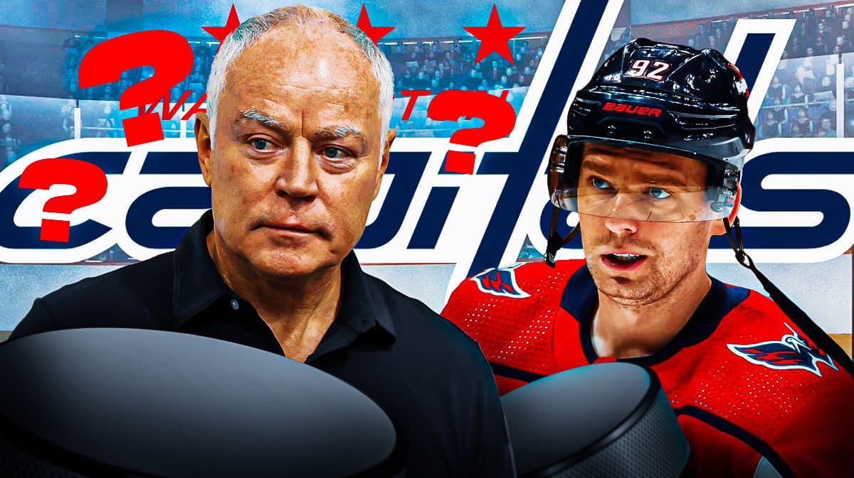 Evgeny Kuznetsov in image looking stern, Caps GM Brian McLellan in image, 3-5 question marks, WSH Capitals logo, hockey rink in background