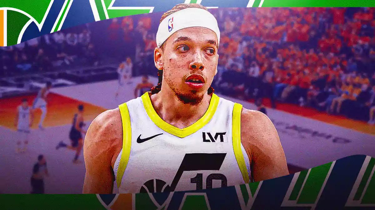 Jason Preston in a Jazz jersey with the Jazz arena in the background