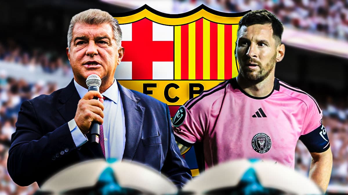 Lionel Messi and Joan Laporta in front of the Barcelona logo