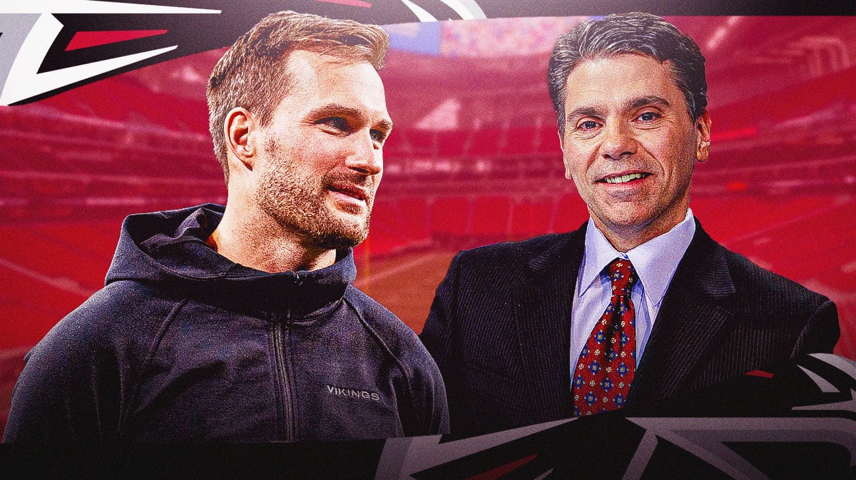 Atlanta Falcons quarterback Kirk Cousins and Mike Florio in front of Mercedes-Benz Stadium.