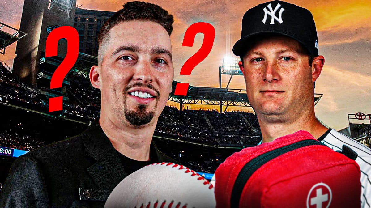 Photo: Blake Snell in Yankees jersey with question marks above him, Gerrit Cole beside him looking serious with medical kit beside him, in background, screaming Yankees fans
