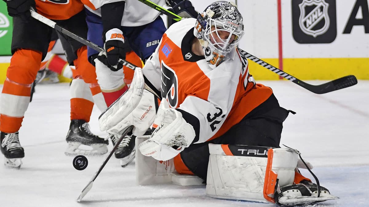 Philadelphia Flyers goaltender Felix Sandstrom (32) makes a save against the Florida Panthers during the second period at Wells Fargo Center.