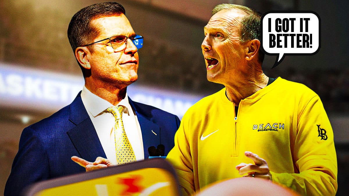 Long Beach State basketball coach Dan Monson with a speech bubble “I got it better!” to football coach Jim Harbaugh