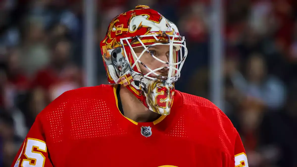 Calgary Flames goaltender Jacob Markstrom (25) skates during the first period against the Los Angeles Kings at Scotiabank Saddledome.