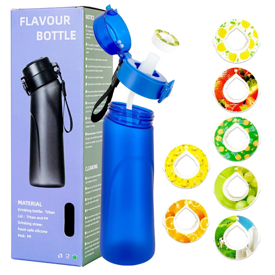 Flaour Air Water Bottle 750mL - Blue colored on a white background.