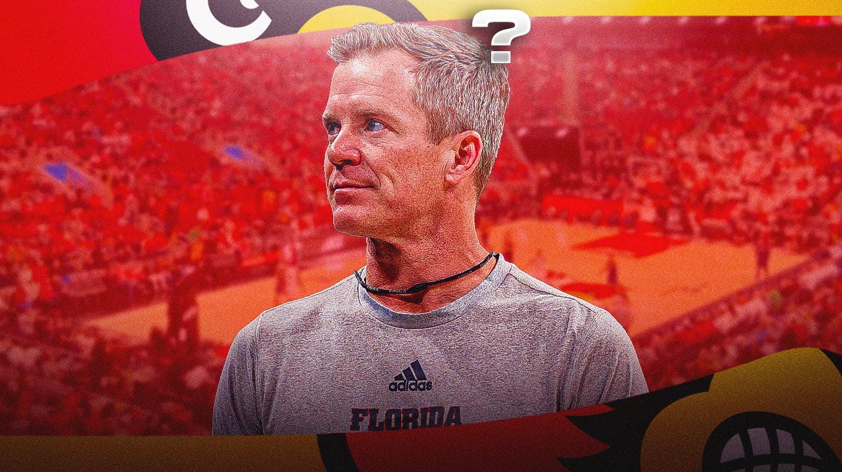 Florida Atlantic basketball head coach Dusty May with a question mark above him, Louisville basketball