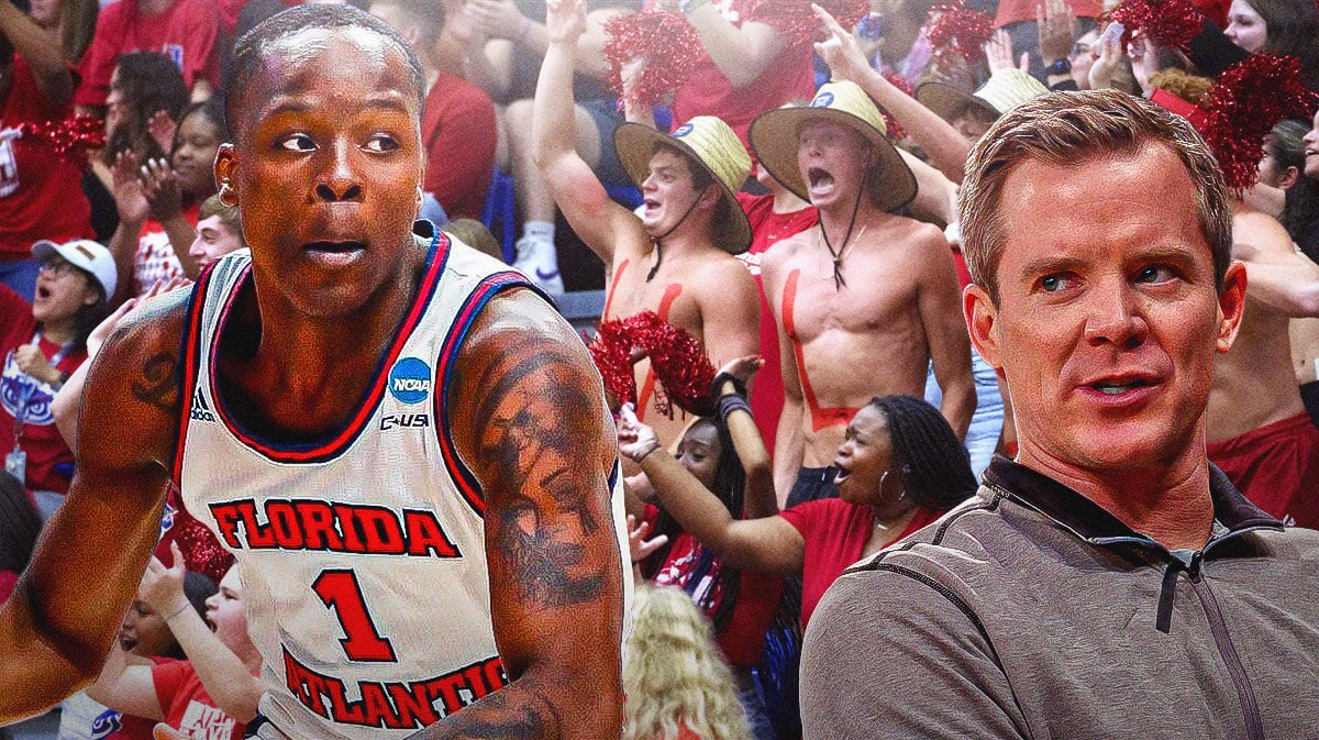Florida Atlantic basketball, Owls, Northwestern, Johnell Davis, Florida Atlantic Northwestern, Florida Atlantic Johnell Davis and HEad coach Dusty May looking confused and fans with bulging eyes loking at him