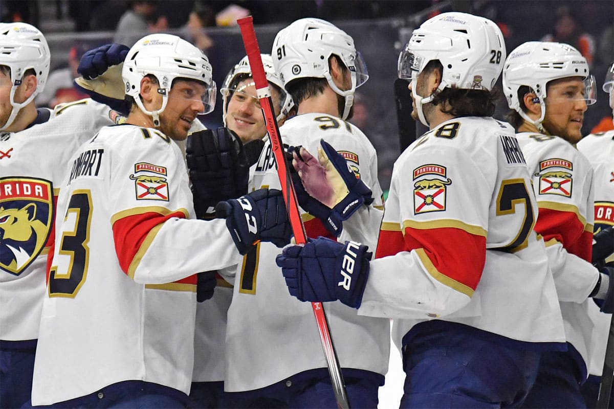 Florida Panthers center Sam Reinhart (13) celebrates win with teammates against the Philadelphia Flyers at Wells Fargo Center.