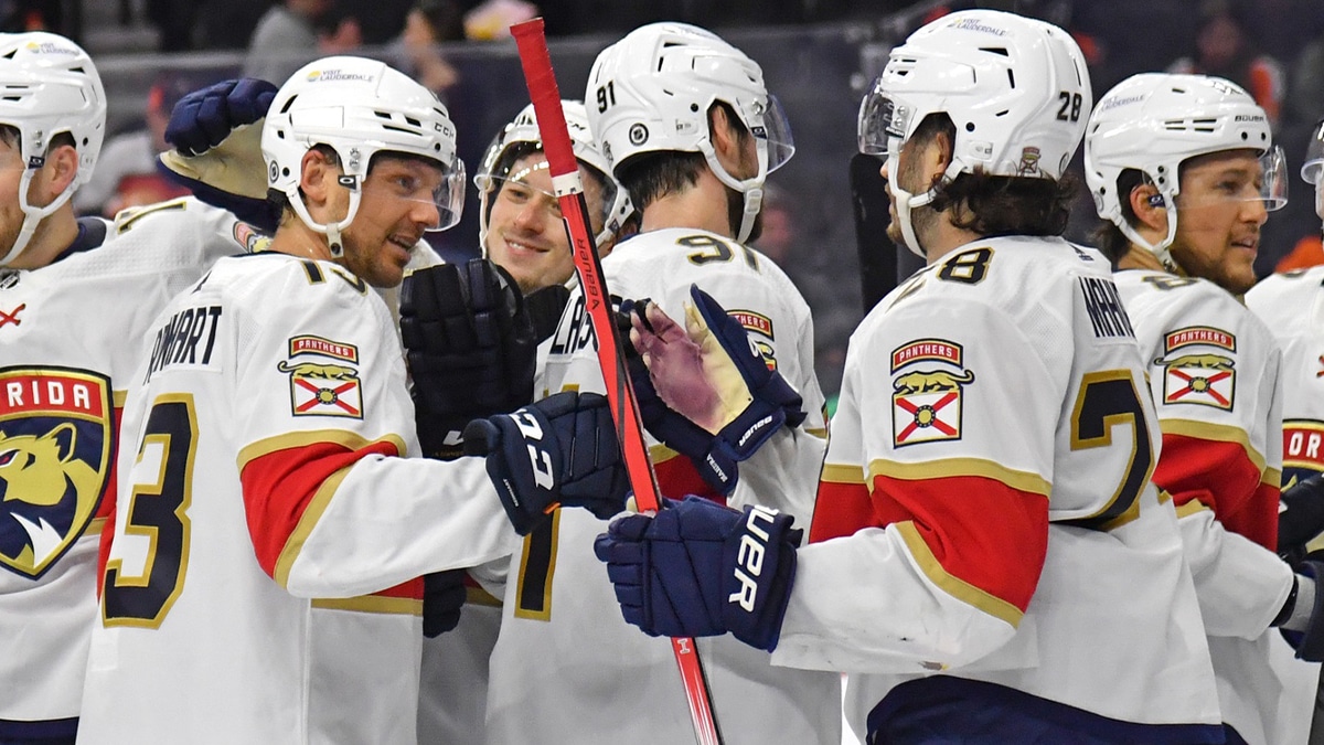  Florida Panthers center Sam Reinhart (13) celebrates win with teammates against the Philadelphia Flyers at Wells Fargo Center.