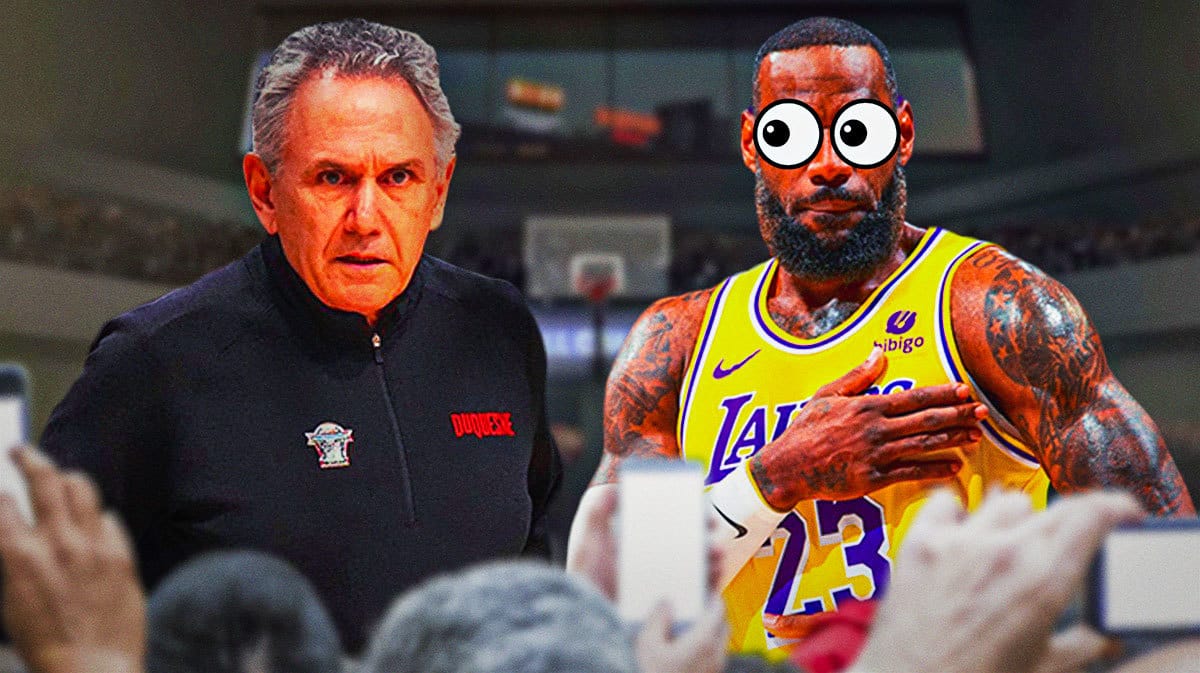 Duquesne head coach Keith Dambrot looking serious on right. Lakers' LeBron James eyes popping out on left looking at him.