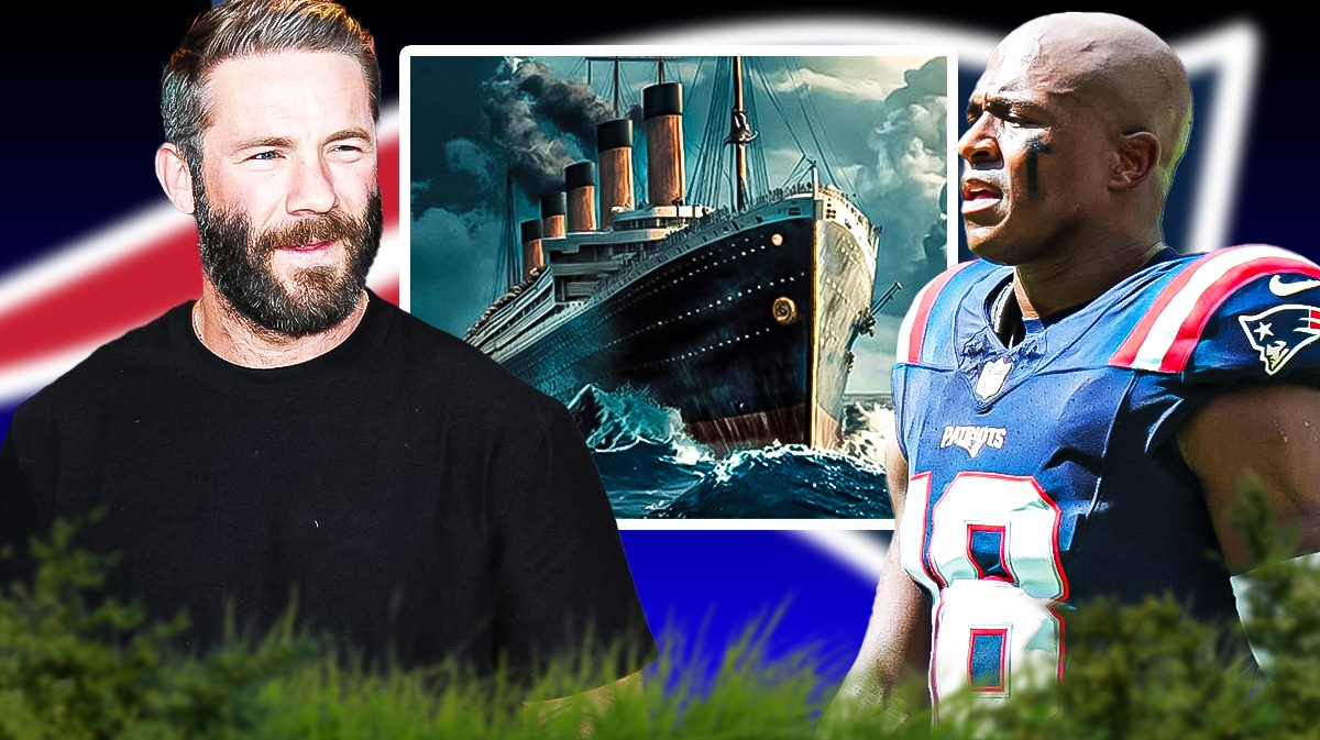Ex-Patriots stars Julian Edelman and Matthew Slater stands next to the Titanic image, Bill Belichick in background