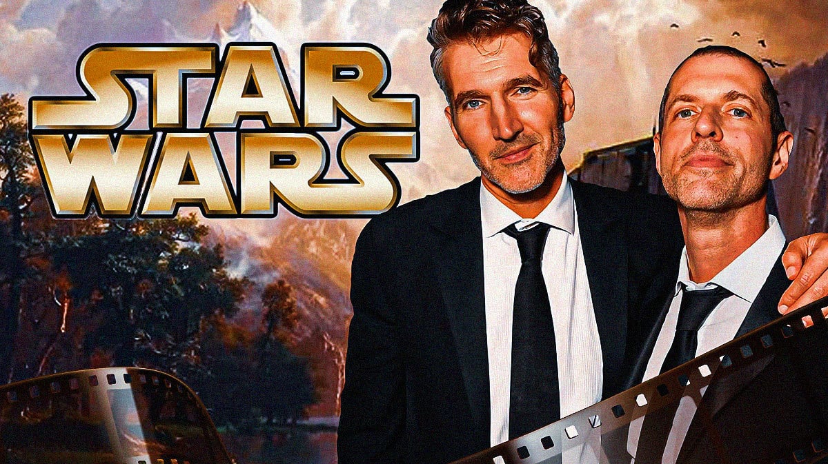 David Benioff and D.B. Weiss next to logo for Star Wars