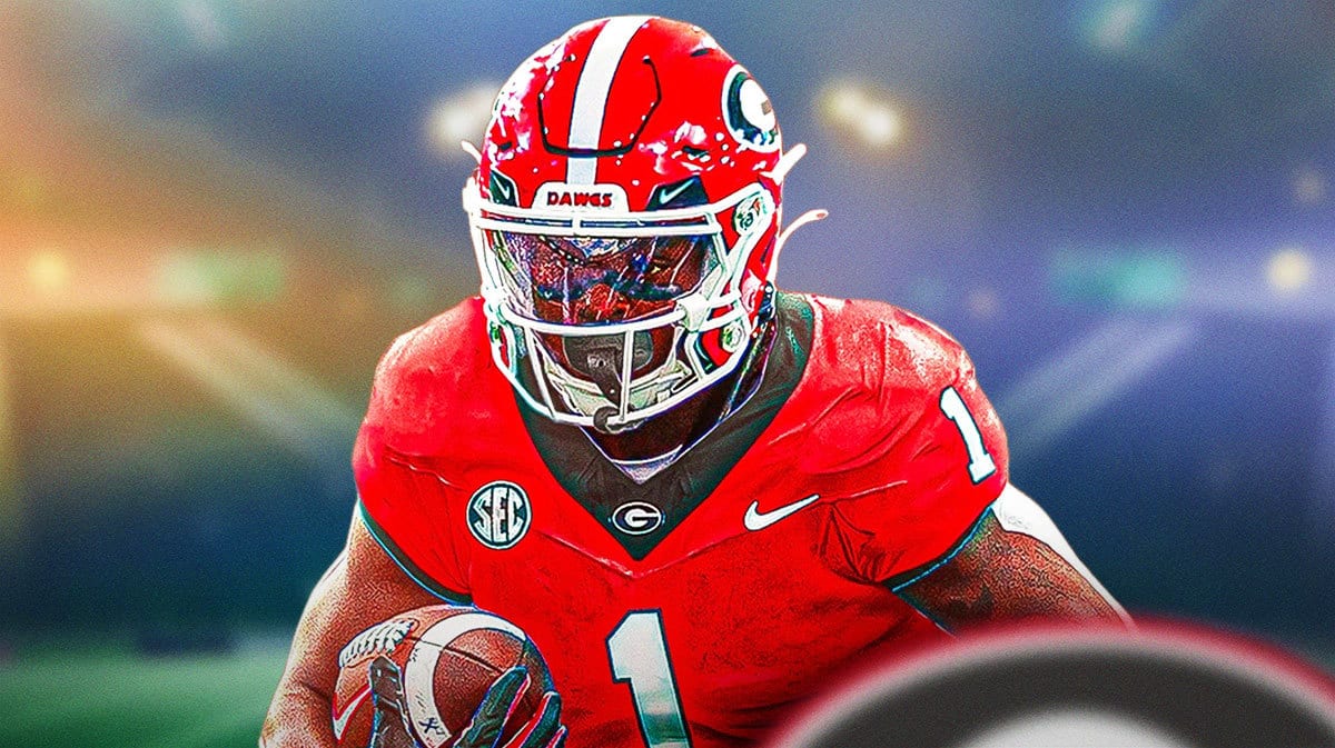 Georgia football star Trevor Etienne in front of Sanford Stadium.