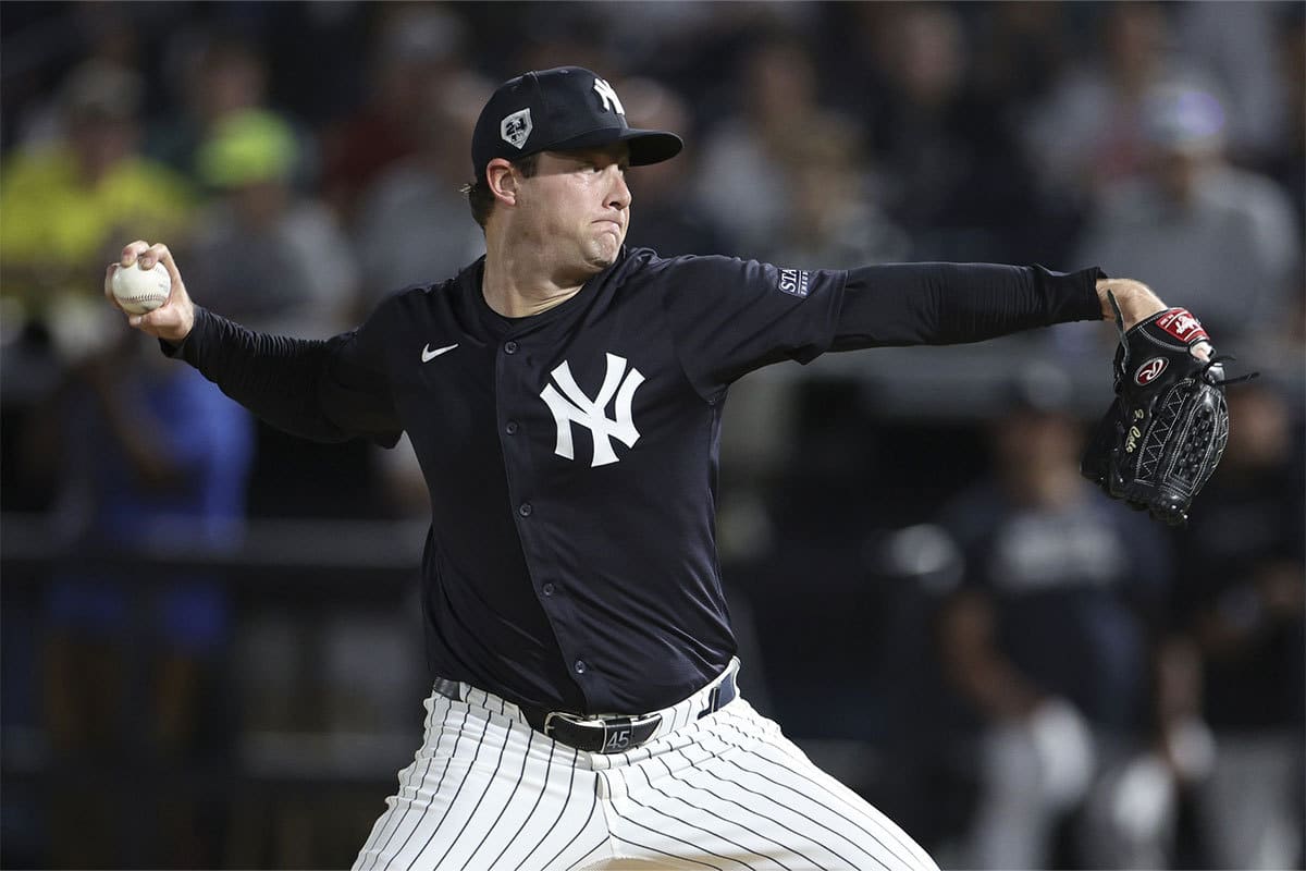 New York Yankees starting pitcher Gerrit Cole (45) throws a pitch against the Toronto Blue Jays in the first inning at George M. Steinbrenner Field.