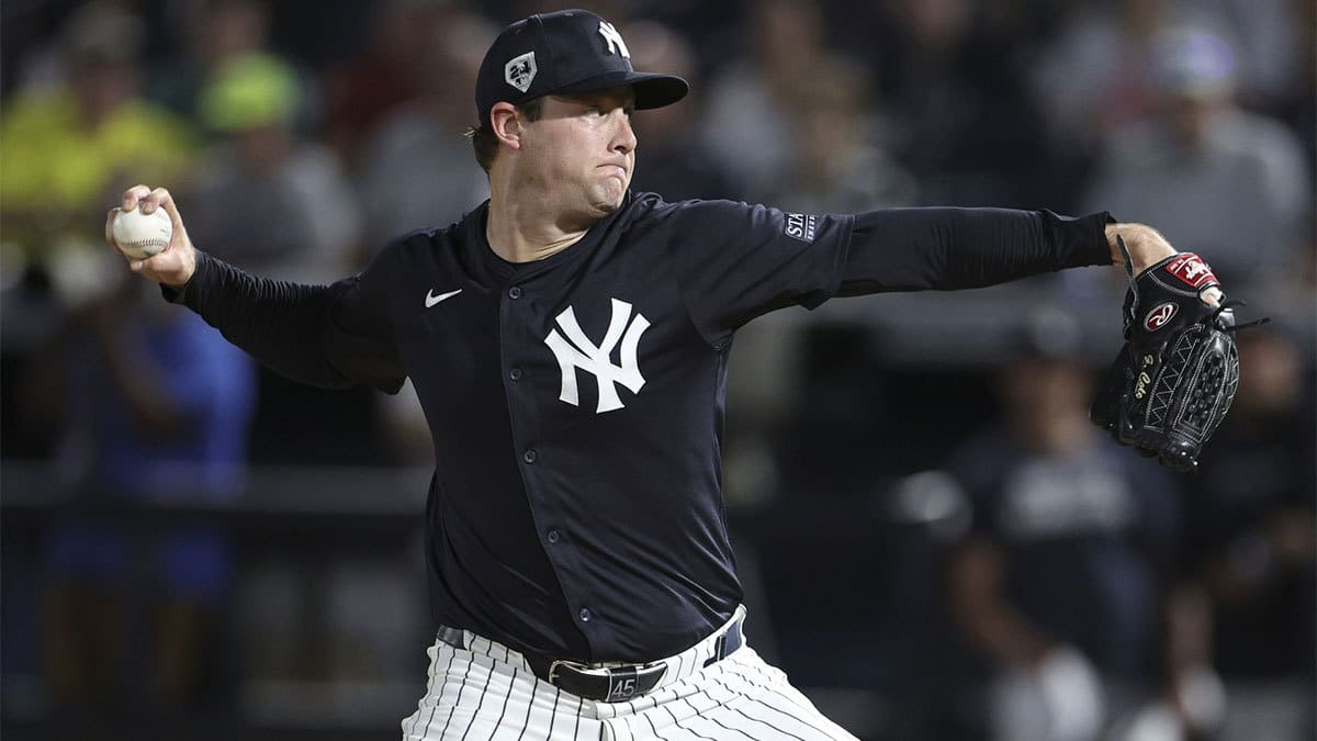 New York Yankees starting pitcher Gerrit Cole (45) throws a pitch against the Toronto Blue Jays in the first inning at George M. Steinbrenner Field