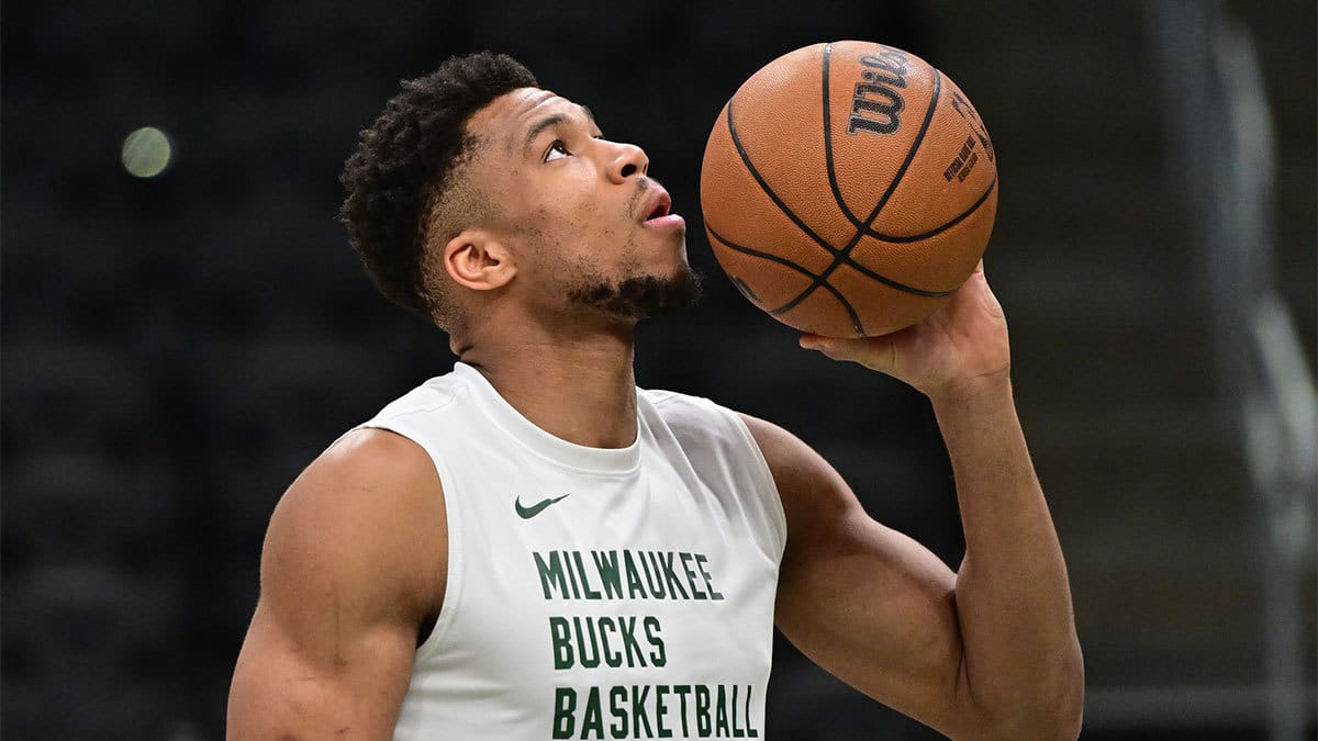 Milwaukee Bucks forward Giannis Antetokounmpo (34) warms up before game against the Los Angeles Clippers at Fiserv Forum.