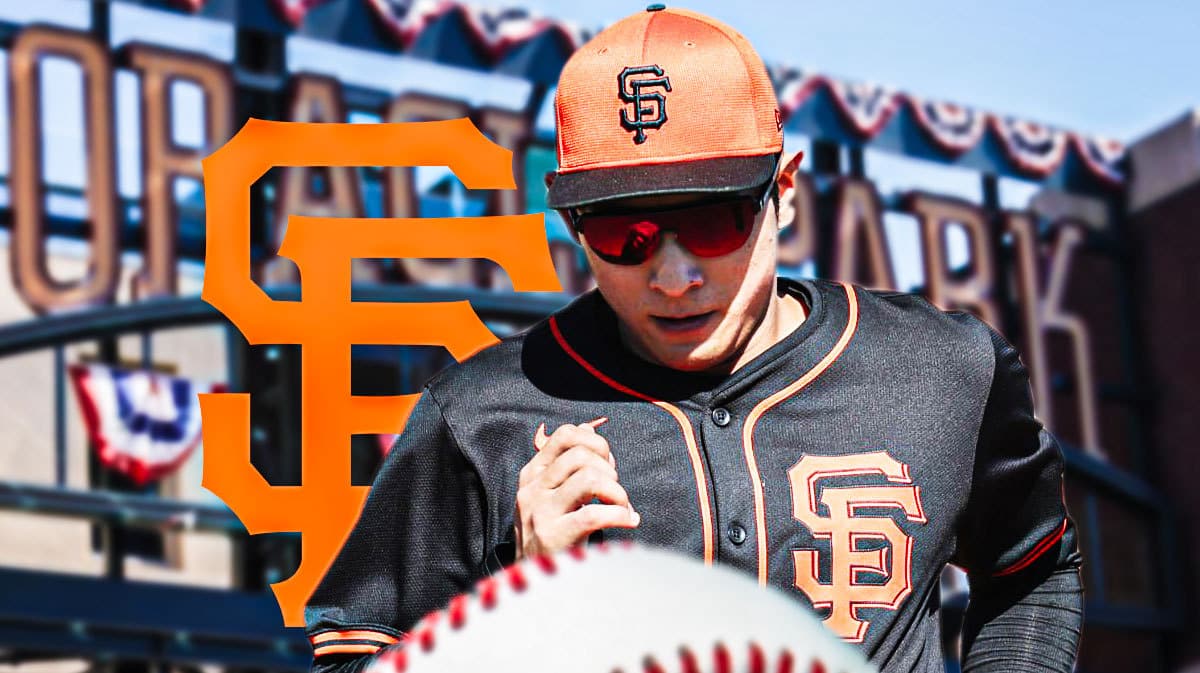 Jung Hoo Lee next to a Giants logo at Oracle Park