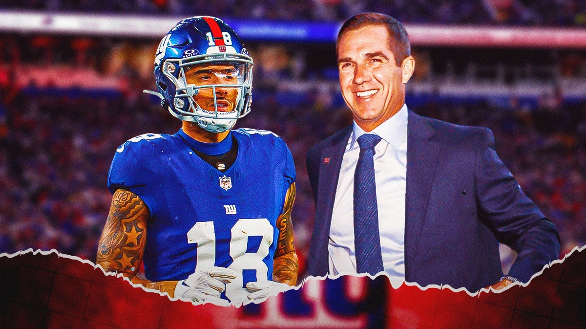 Giants wide receiver Isaiah Hodgins and general manager Joe Schoen with MetLife Stadium behind them