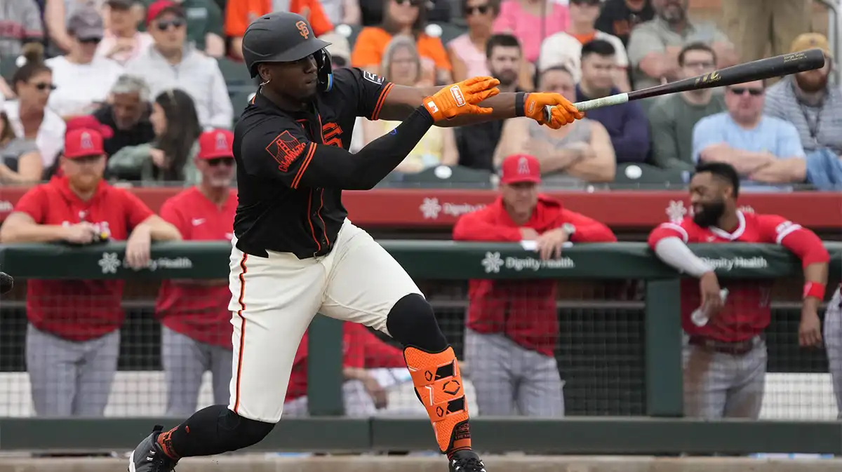 San Francisco Giants outfielder Jorge Soler (2) hits a single against the Los Angeles Angels in the first inning at Scottsdale Stadium.