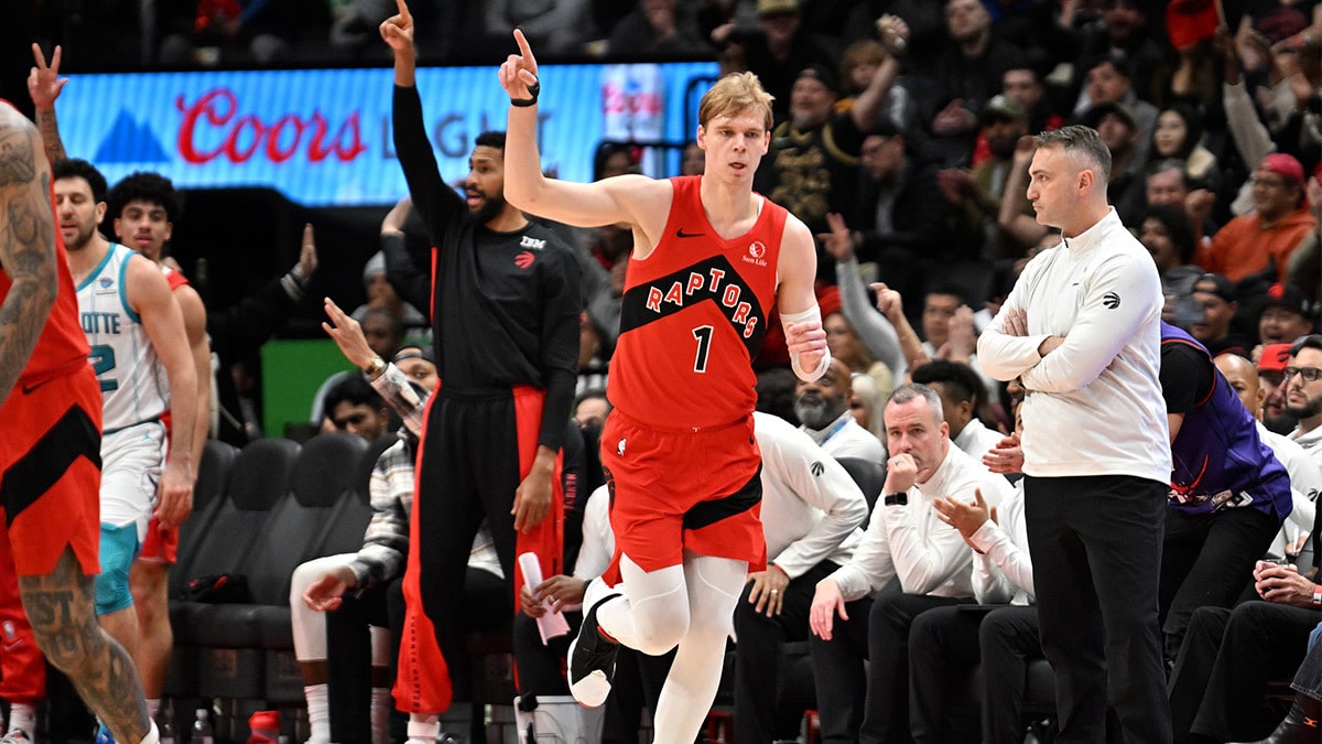 Toronto Raptors guard Gradey Dick (1) reacts after sinking a three point basket against the Charlotte Hornets in the second half at Scotiabank Arena