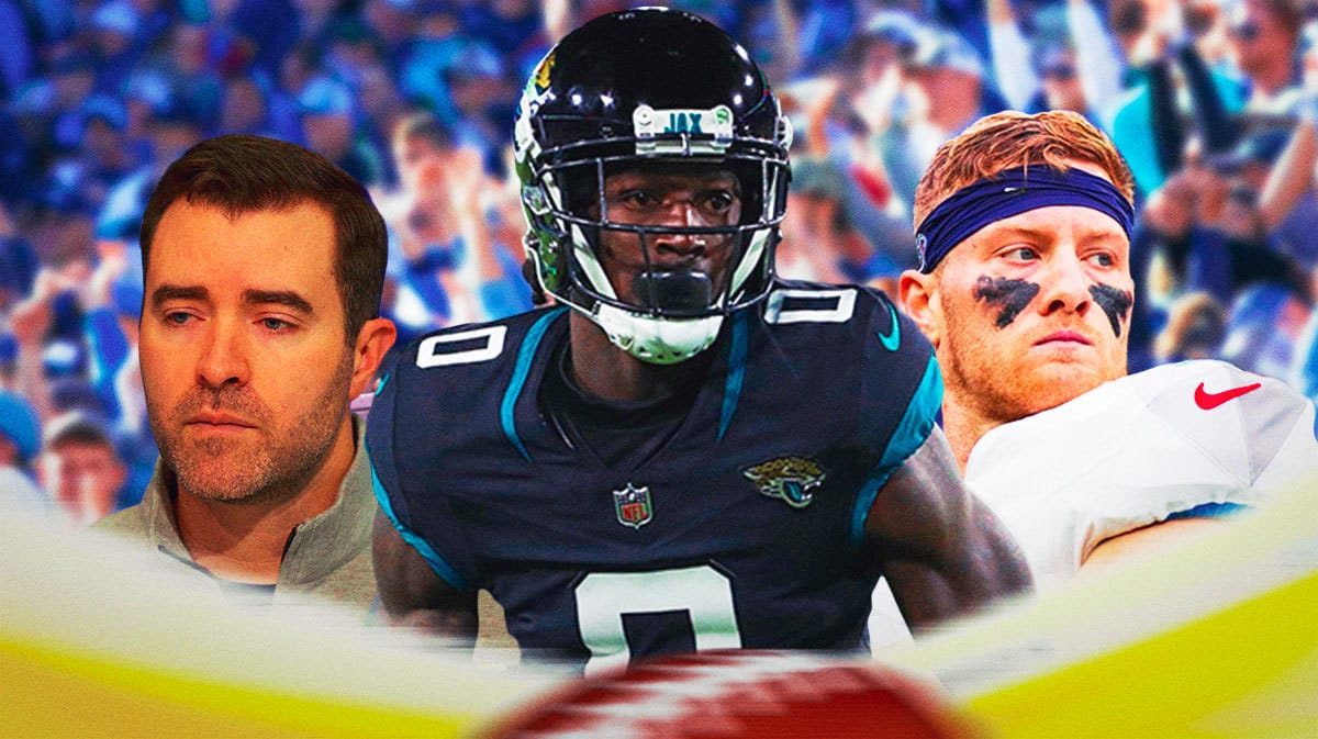 Coach Todd Bowles in the middle, Calvin Ridley and Will Levis around him, and Tennessee Titans wallpaper in the background.