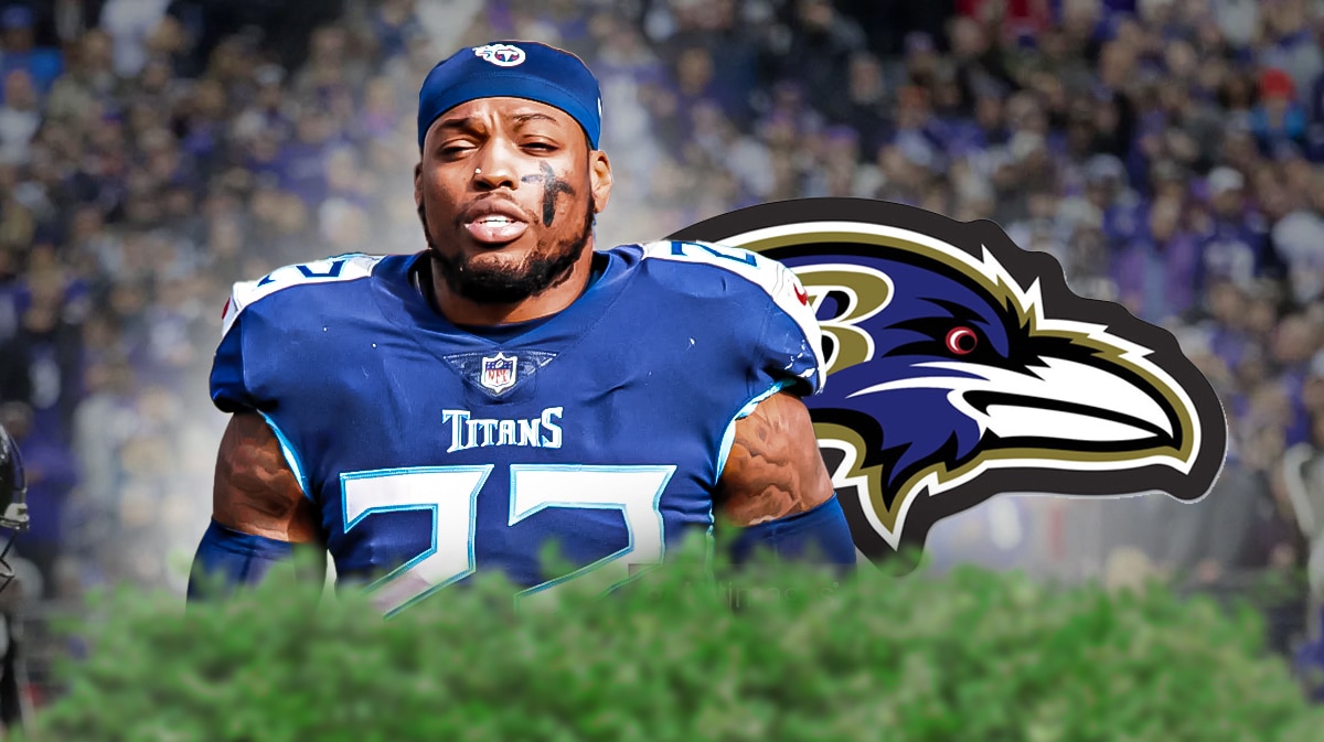 Derrick Henry next to Ravens logo