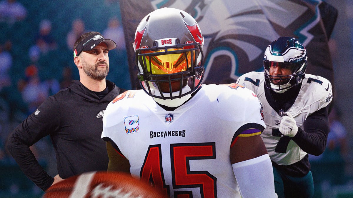 Devin White in the middle, Coach Nick Sirianni and Haason Reddick around him, and Philadelphia Eagles wallpaper in the background.