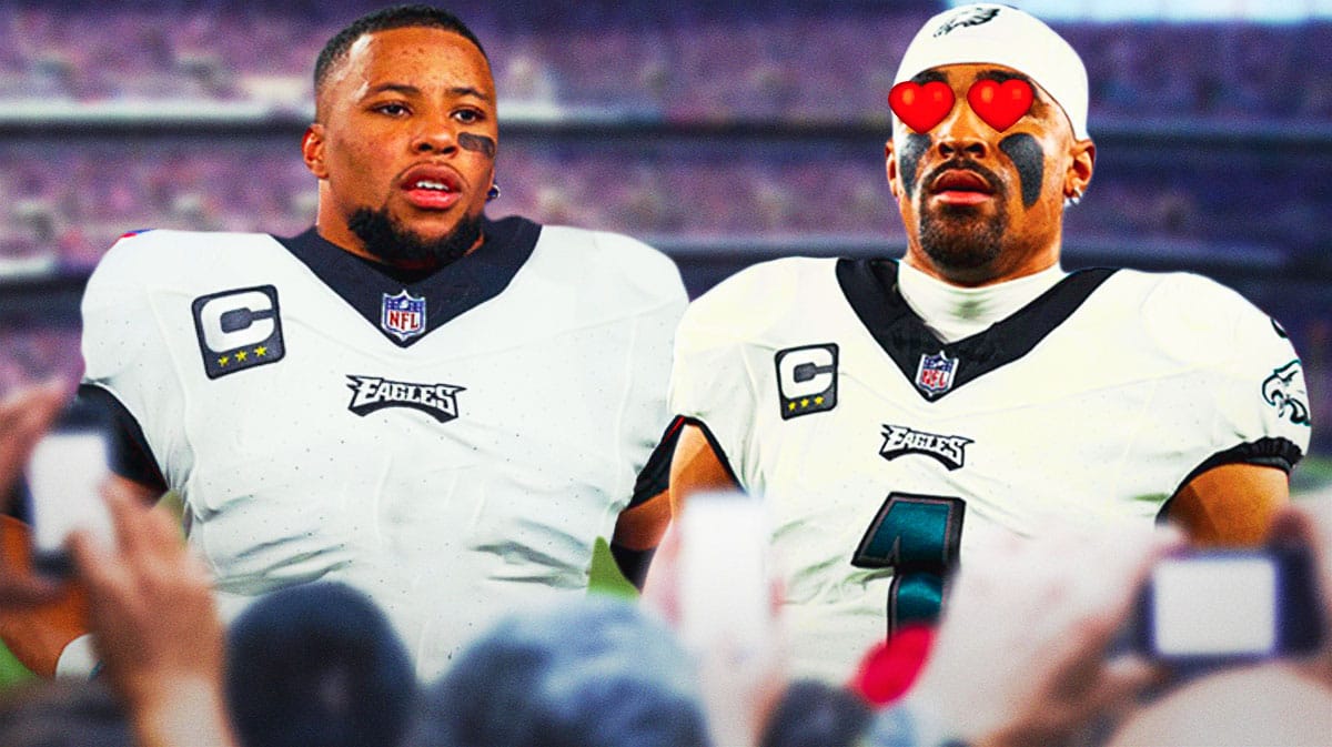 Eagles' Jalen Hurts looking at Saquon Barkley with hearts in his eyes