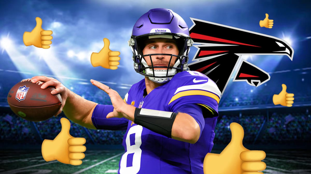 Kirk Cousins surrounded by thumbs up emojis and Falcons logo