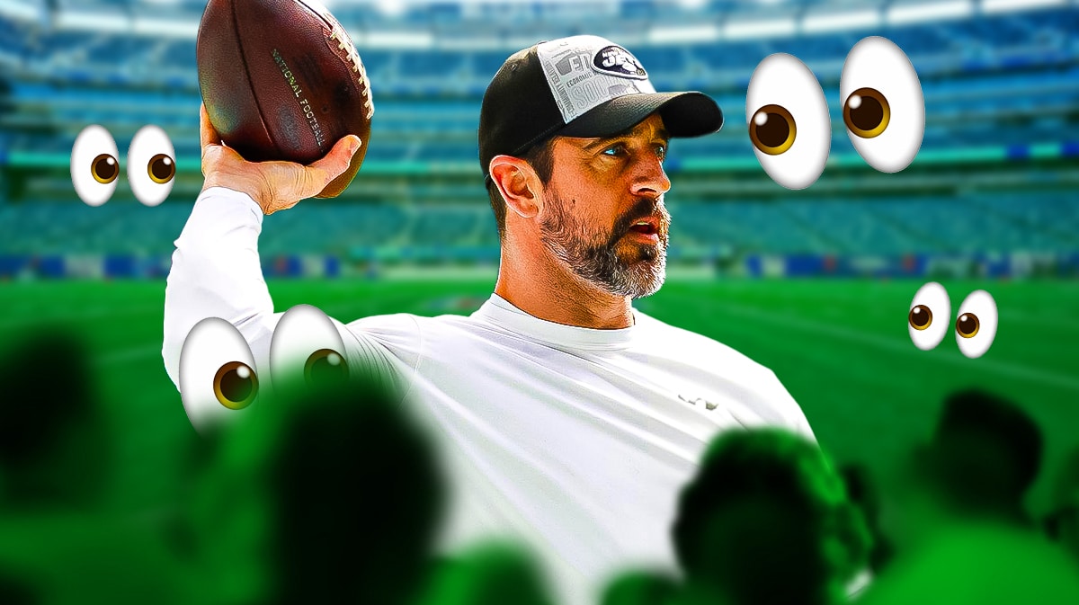 Jets Aaron Rodgers with emoji eyes around him at MetLife Stadium