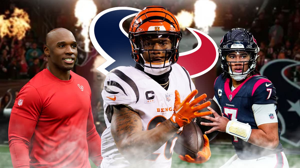 Joe Mixon in the middle, Coach DeMeco Ryans and CJ Stroud around him, and Houston Texans wallpaper in the background.