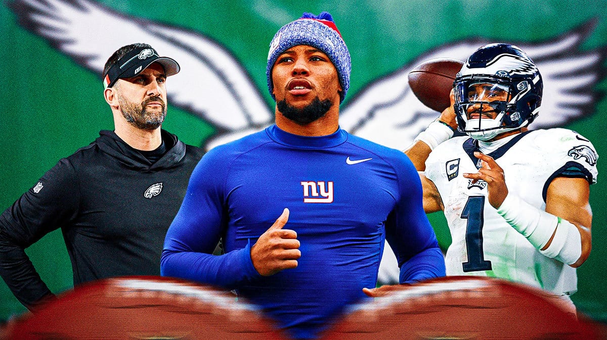 Coach Sean Payton in the middle, Saquon Barkley and CJ Gardner-Johnson around him, and Philadelphia Eagles wallpaper in the background.