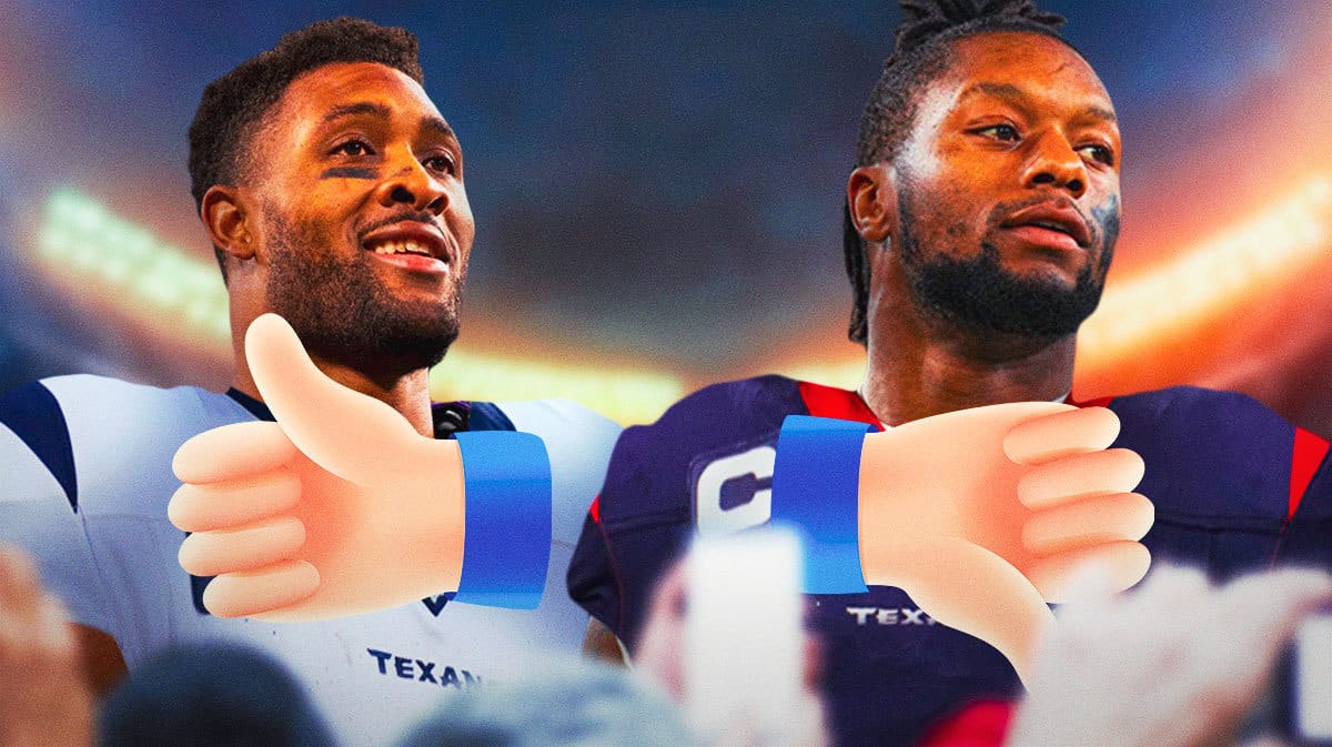 NFL free agency signing Danielle Hunter and Joe Mixon both in Texans jerseys with a thumbs up emoji over Hunter and a thumbs down over Mixon