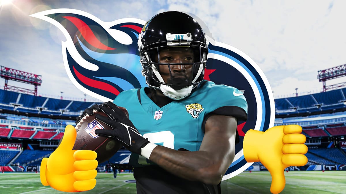 Calvin Ridley next to Titans logo with one thumbs up, one thumbs down