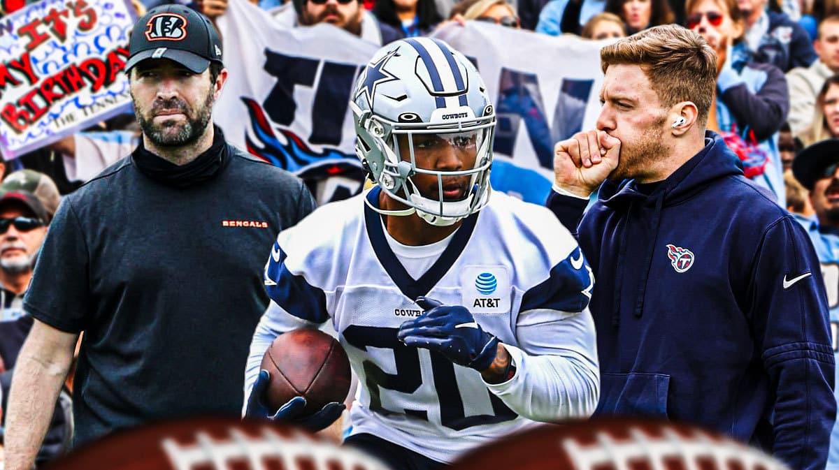 Coach Brian Callahan in the middle, Tony Pollard and Will Levis around him, and Tennessee Titans wallpaper in the background.