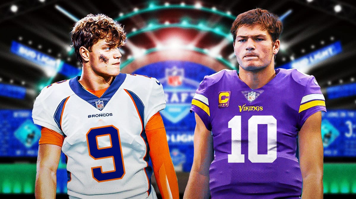 North Carolina QB Drake Maye in a Vikings uniform, Michigan QB JJ McCarthy in a Broncos uniform with a 2024 NFL Draft background.