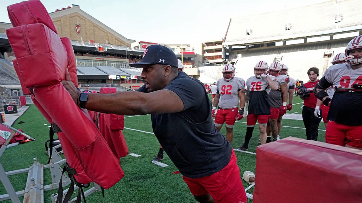 Wisconsin defensive line coach Greg Scruggs is shown during practice Tuesday, April 11, 2023 at Camp Randall Stadium in Madison,