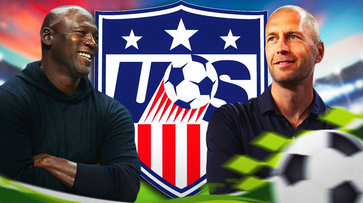 Gregg Berhalter smiling in front of the USMNT logo, Michael Jordan smiling on the side