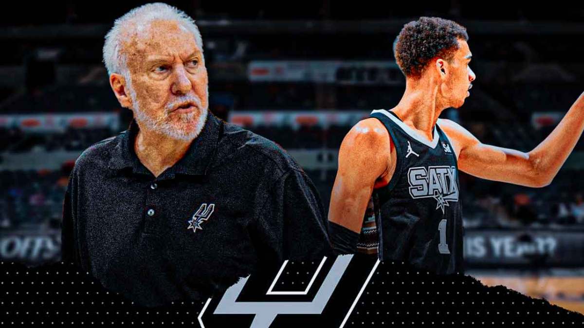 Gregg Popovich alongside Victor Wembanyama with the Spurs arena in the background, Tim Duncan