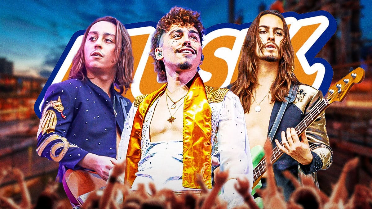 Josh Kiszka, Jake Kiszka, Sam Kiszka of Greta Van Fleet, 2024 Musikfest logo, Steelstacks in Bethlehem, Pennsylvania background.