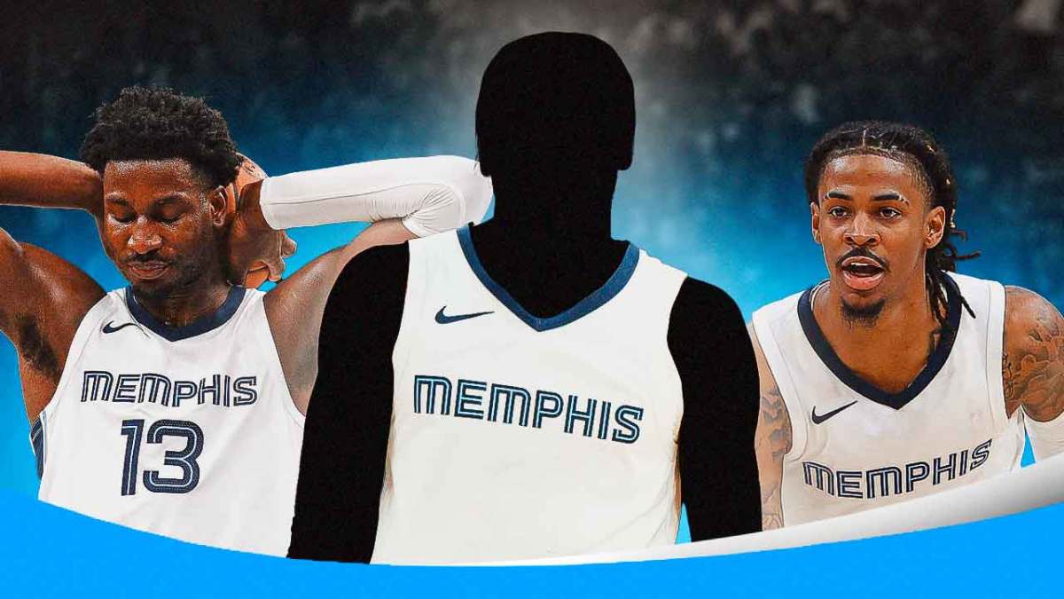 A shadowy player in a Grizzlies jersey with Ja Morant on one side of him and Jaren Jackson Jr. on the other side, GG Jackson, Ziaire Williams