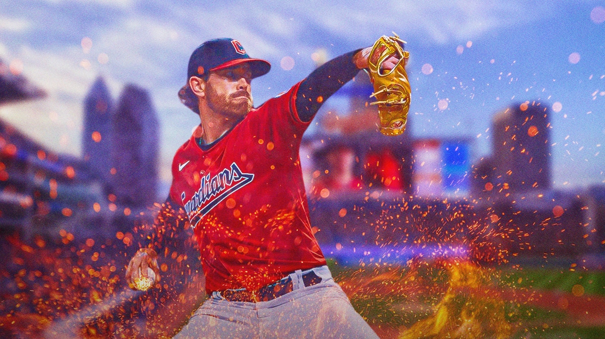Guardians' Shane Bieber pitching a baseball with fire coming off the ball.